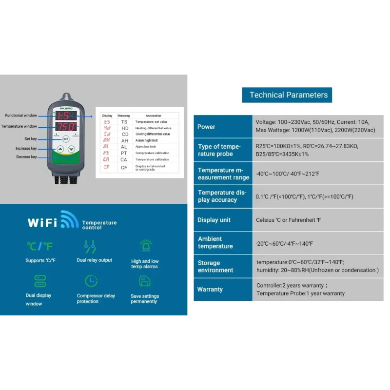 Контроллер Inkbird ITC-308 WiFi нагрев и охлаждение с Wi-Fi | Температурный щуп NTC - 3