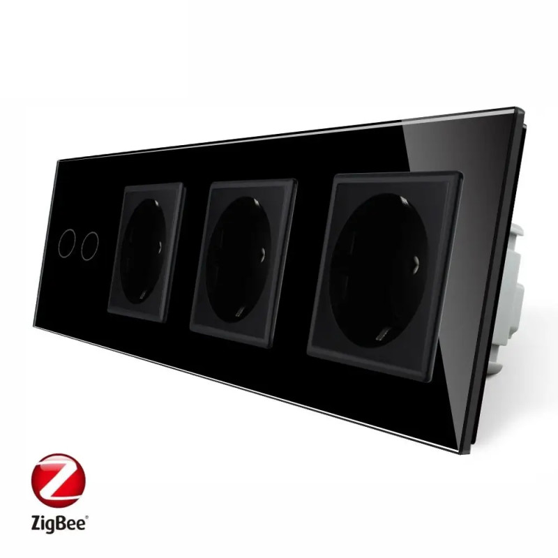 Умный сенсорный ZigBee выключатель 2 сенсора 3 розетки Livolo черный стекло (VL-C702Z/C7C3EU-12)