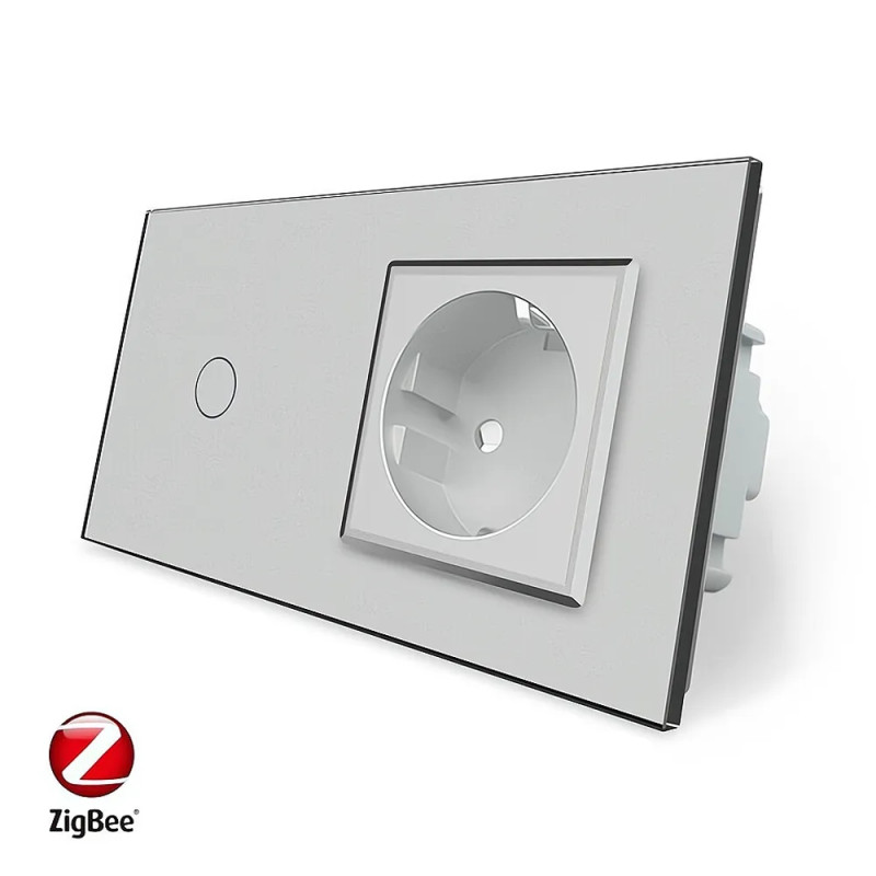 Умный сенсорный ZigBee выключатель 1 сенсор 1 розетка Livolo серый стекло (VL-C701Z/C7C1EU-15)