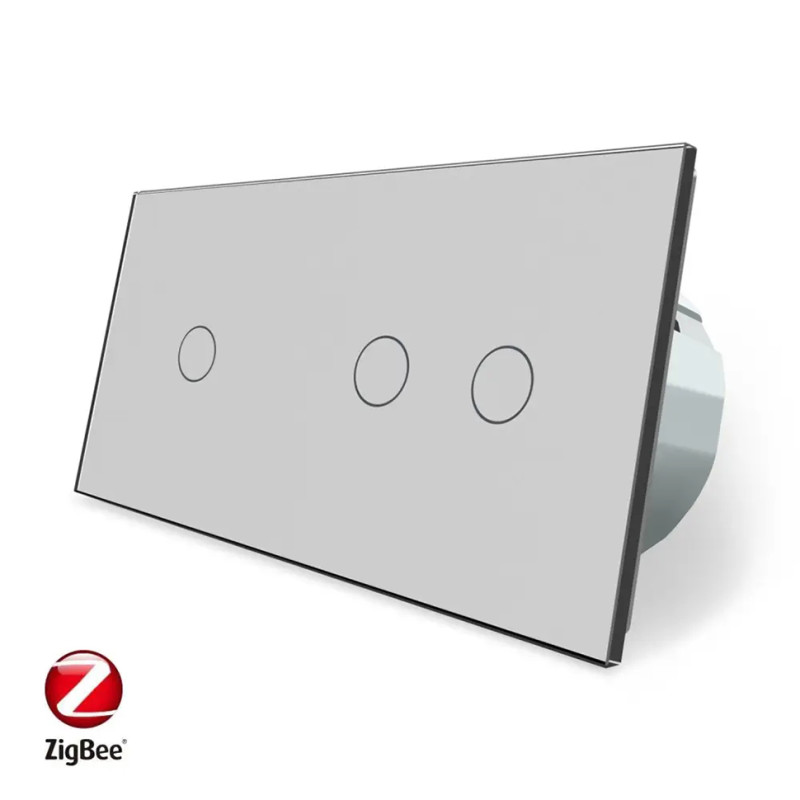 Умный сенсорный ZigBee выключатель 3 сенсора (1-2) Livolo серый стекло (VL-C701Z/C702Z-15)