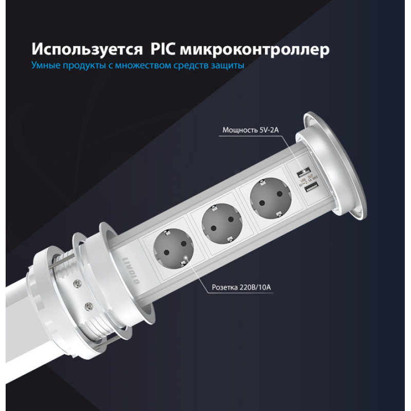 Умная Wi-Fi выдвижная двойная розетка с двойной USB и беспроводной зарядкой Livolo (VL-SHS004) - 3
