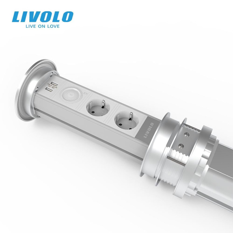 Умная Wi-Fi выдвижная двойная розетка с USB Bluetooth колонкой и беспроводной зарядкой Livolo (VL-SHS007) - 1