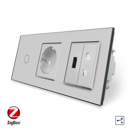 Умный сенсорный проходной выключатель 1 сенсор 1 розетка 1 USB 1 розетка универсальная Livolo серый стекло (VL-C701SZC1EU1USBC1A-15)