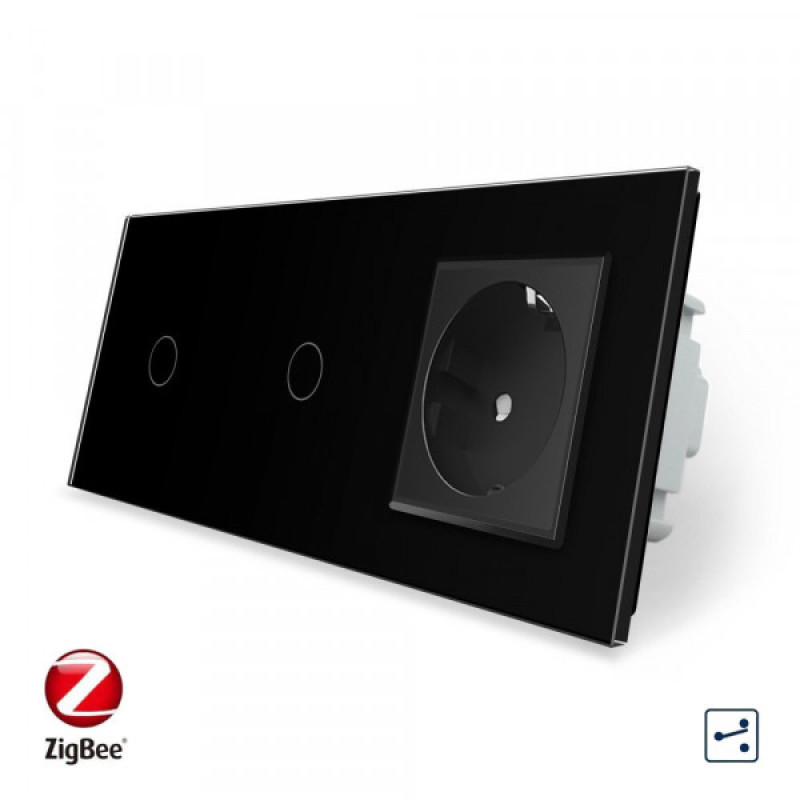 Умный сенсорный проходной выключатель 2 сенсора (1-1) 1 розетка Livolo черный стекло (VL-C701SZ/C701SZ/C7C1EU-12)