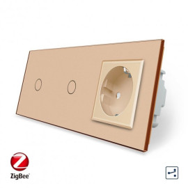 Умный сенсорный проходной выключатель 2 сенсора (1-1) 1 розетка Livolo золотой стекло (VL-C701SZ/C701SZ/C7C1EU-13)