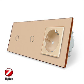 Умный сенсорный ZigBee выключатель 2 сенсора (1-1) 1 розетка Livolo золото стекло (VL-C701Z/C701Z/C7C1EU-13)