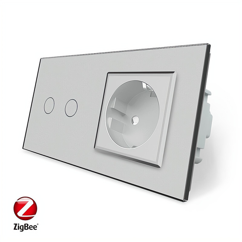 Умный сенсорный ZigBee выключатель 2 сенсора 1 розетка Livolo серый стекло (VL-C702Z/C7C1EU-15)