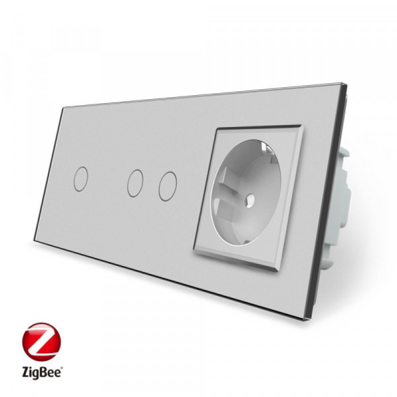 Умный сенсорный ZigBee выключатель 3 сенсора (1-2) 1 розетка Livolo серый стекло (VL-C701Z/C702Z/C7C1EU-15)