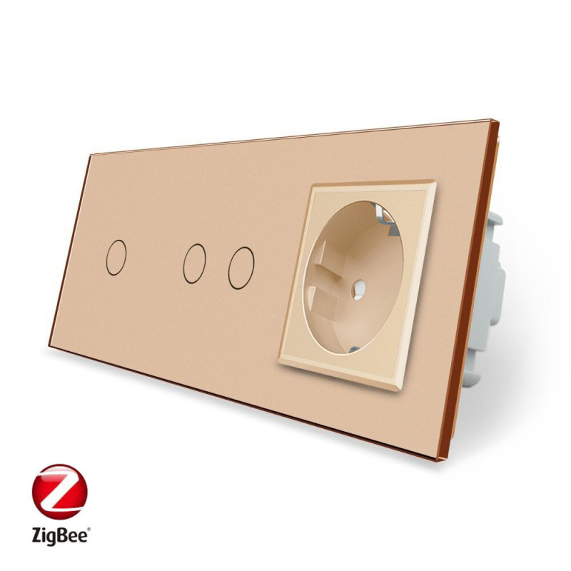 Умный сенсорный ZigBee выключатель 3 сенсора (1-2) 1 розетка Livolo золото стекло (VL-C701Z/C702Z/C7C1EU-13)