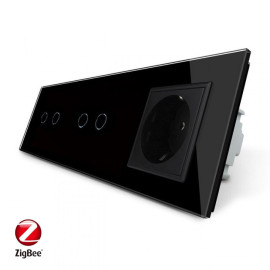 Умный сенсорный ZigBee выключатель 4 сенсора (2-2) 1 розетка Livolo черный стекло (VL-C702Z/C702Z/C7C1EU-12)