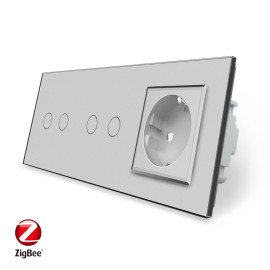 Умный сенсорный ZigBee выключатель 4 сенсора (2-2) 1 розетка Livolo серый стекло (VL-C702Z/C702Z/C7C1EU-15)