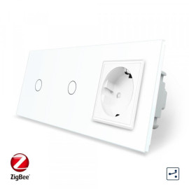 Умный сенсорный проходной выключатель 2 сенсора (1-1) 1 розетка Livolo белый стекло (VL-C701SZ/C701SZ/C7C1EU-11)