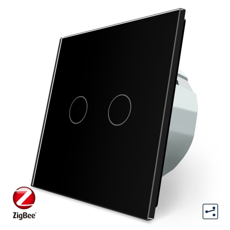 Умный сенсорный проходной ZigBee выключатель 2 сенсора Livolo черный стекло (VL-C702SZ-12)