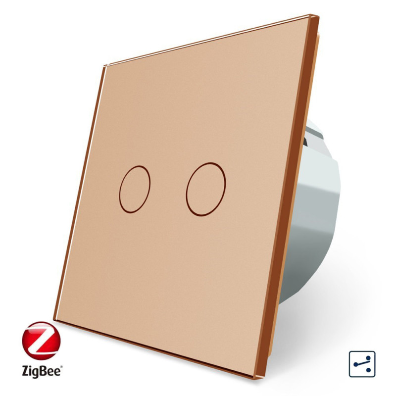 Умный сенсорный проходной ZigBee выключатель 2 сенсора Livolo золото стекло (VL-C702SZ-13)