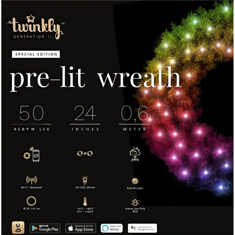 Світлодіодна Smart LED гірлянда на ялиновому віночку Twinkly Strings RGBW 50, 60 см, BT+WiFi, Gen II, IP44